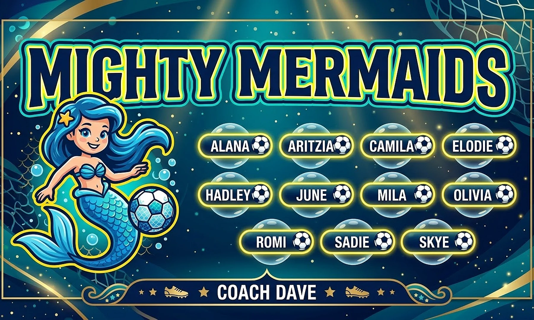 Mighty Mermaids soccer team banner created with AI