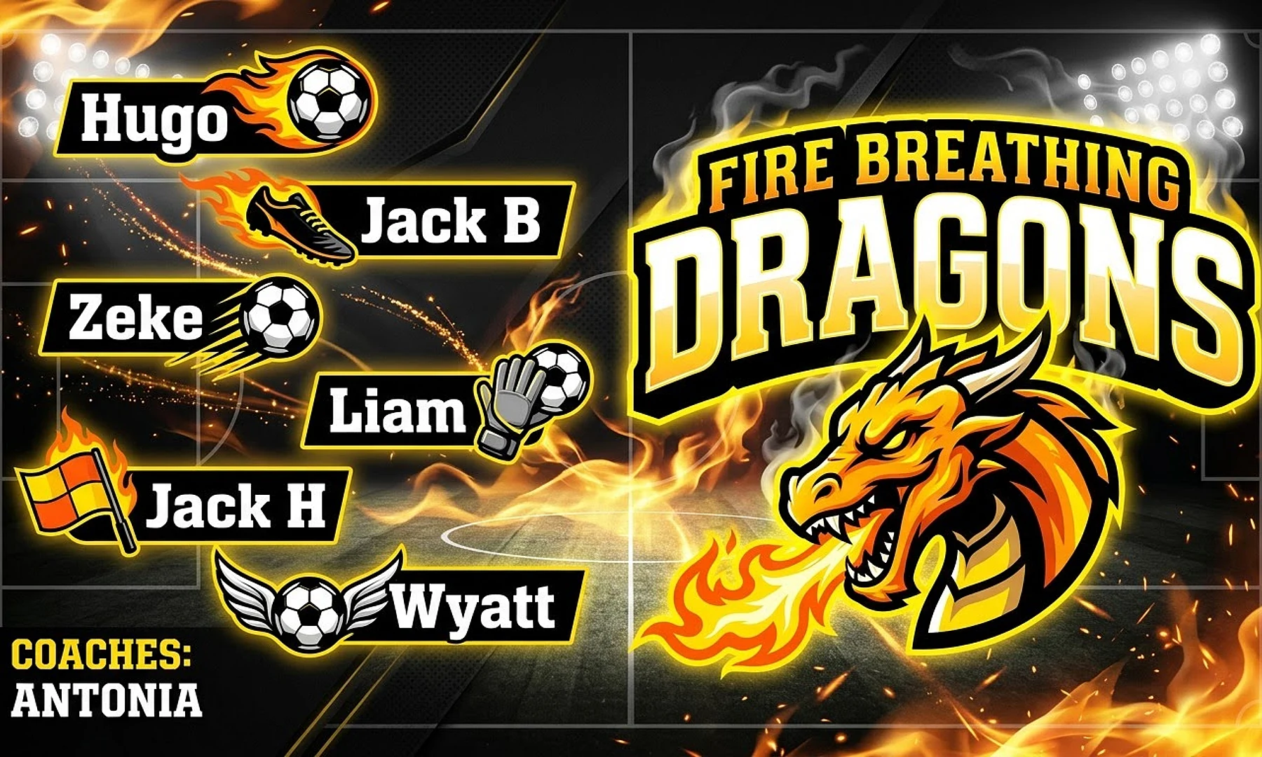 Fire breathing dragons soccer team banner created with AI