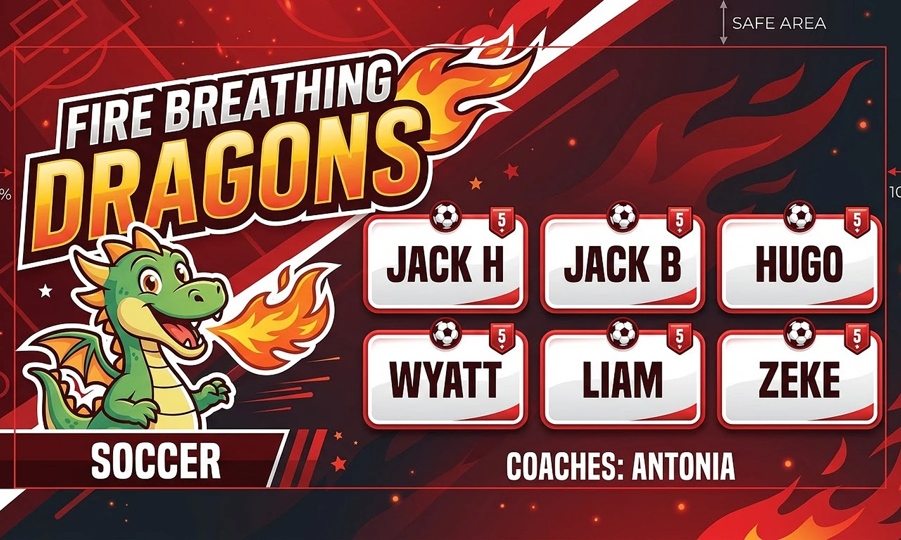 Fire Breathing Dragons soccer team banner created with AI