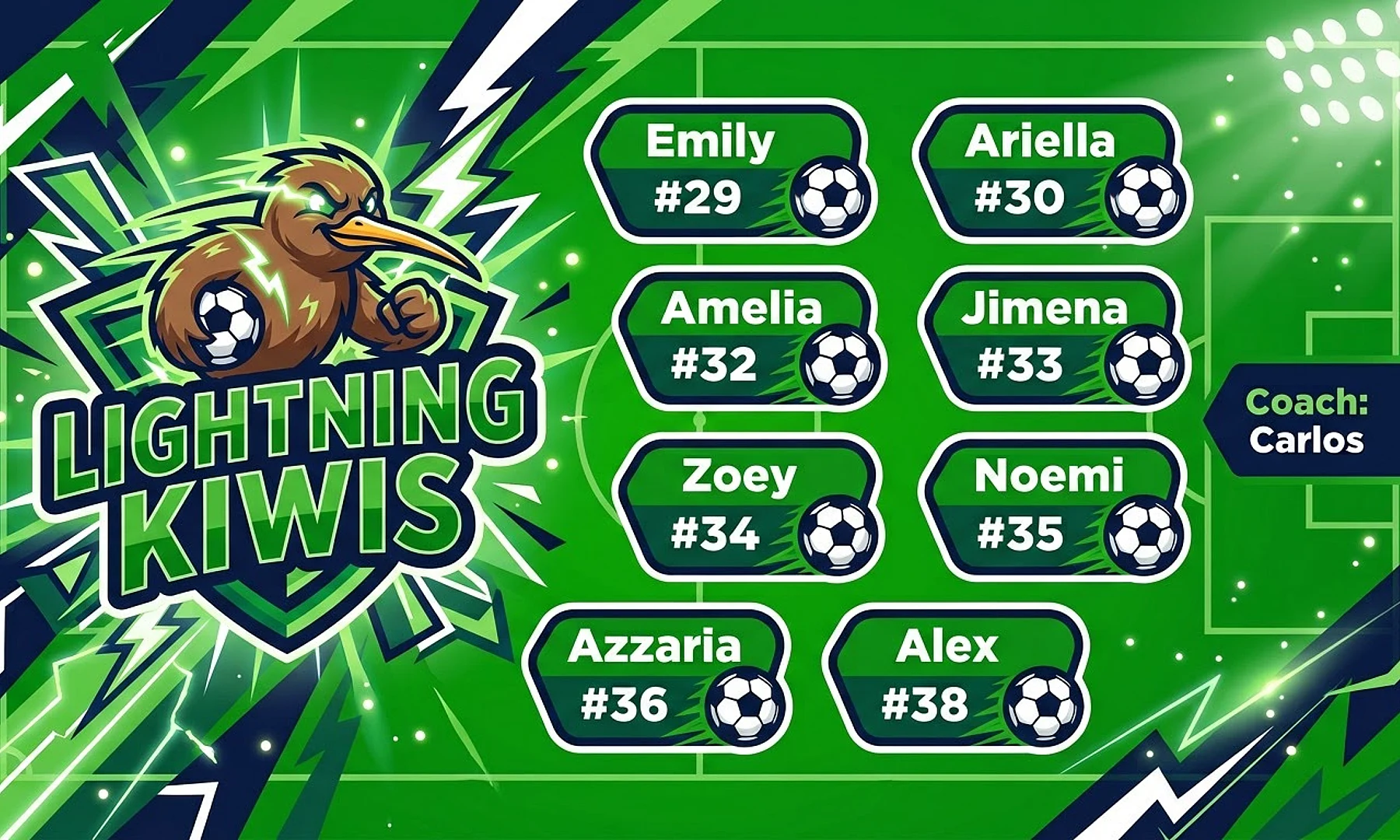 Lightning Kiwis soccer team banner created with AI