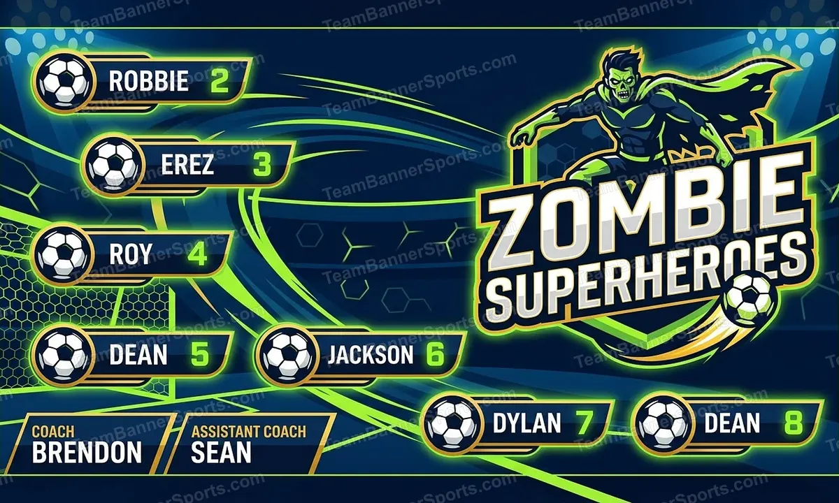 Zombie Superheroes soccer team banner created with AI
