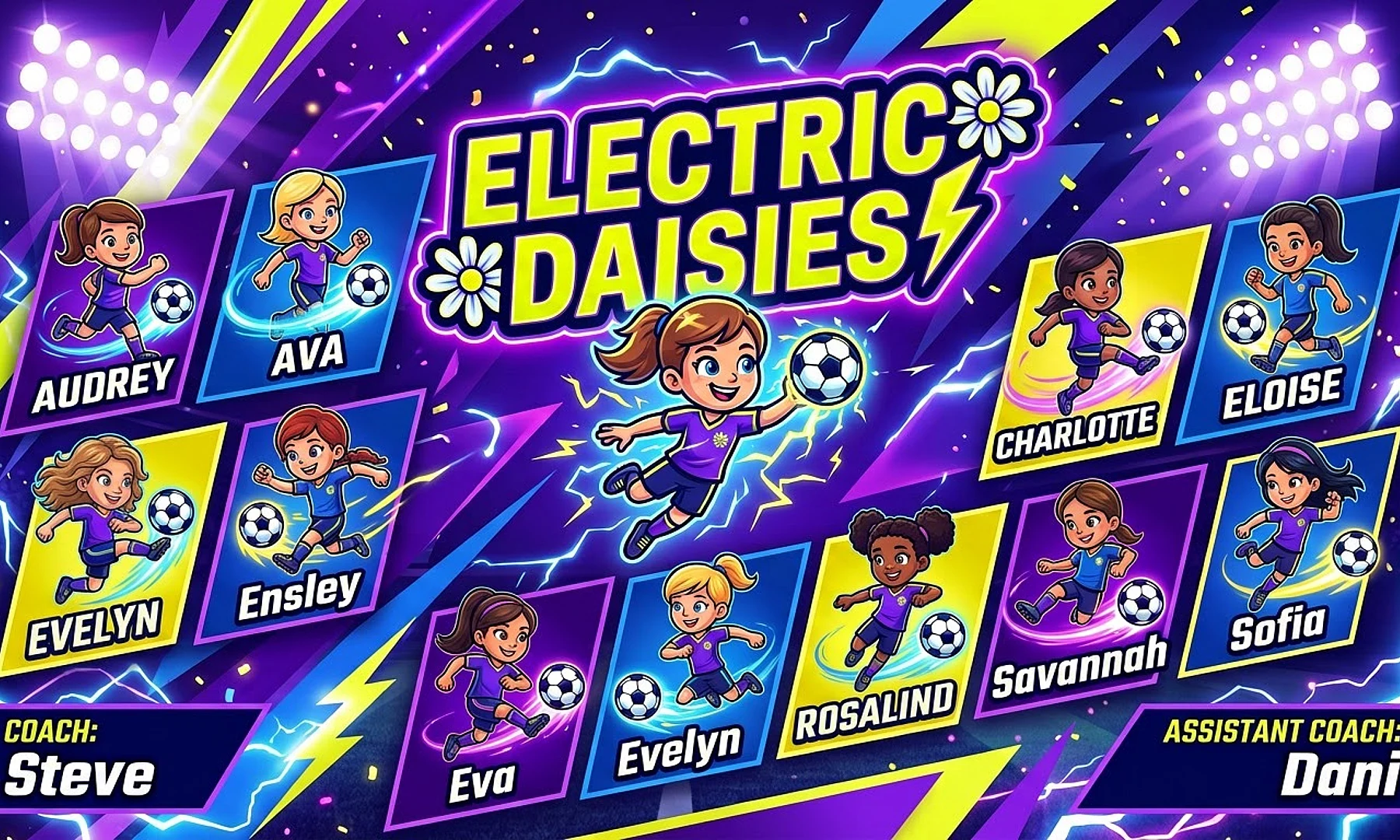 electric Daisies soccer team banner created with AI