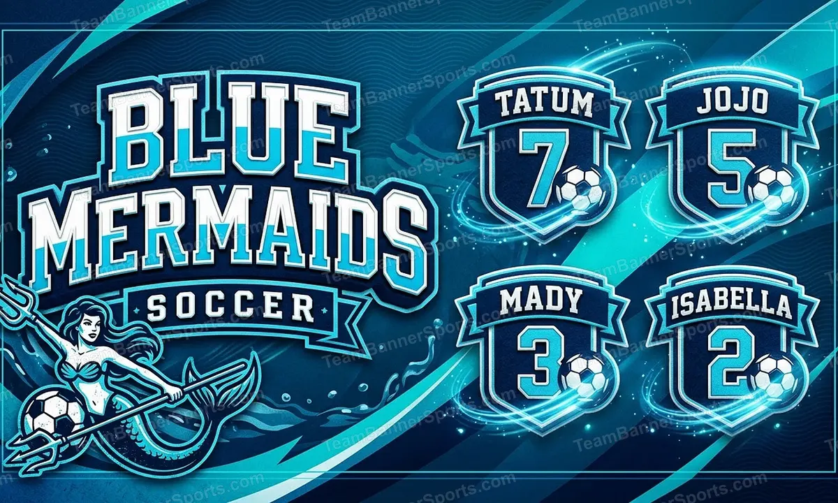 Blue mermaids soccer team banner created with AI