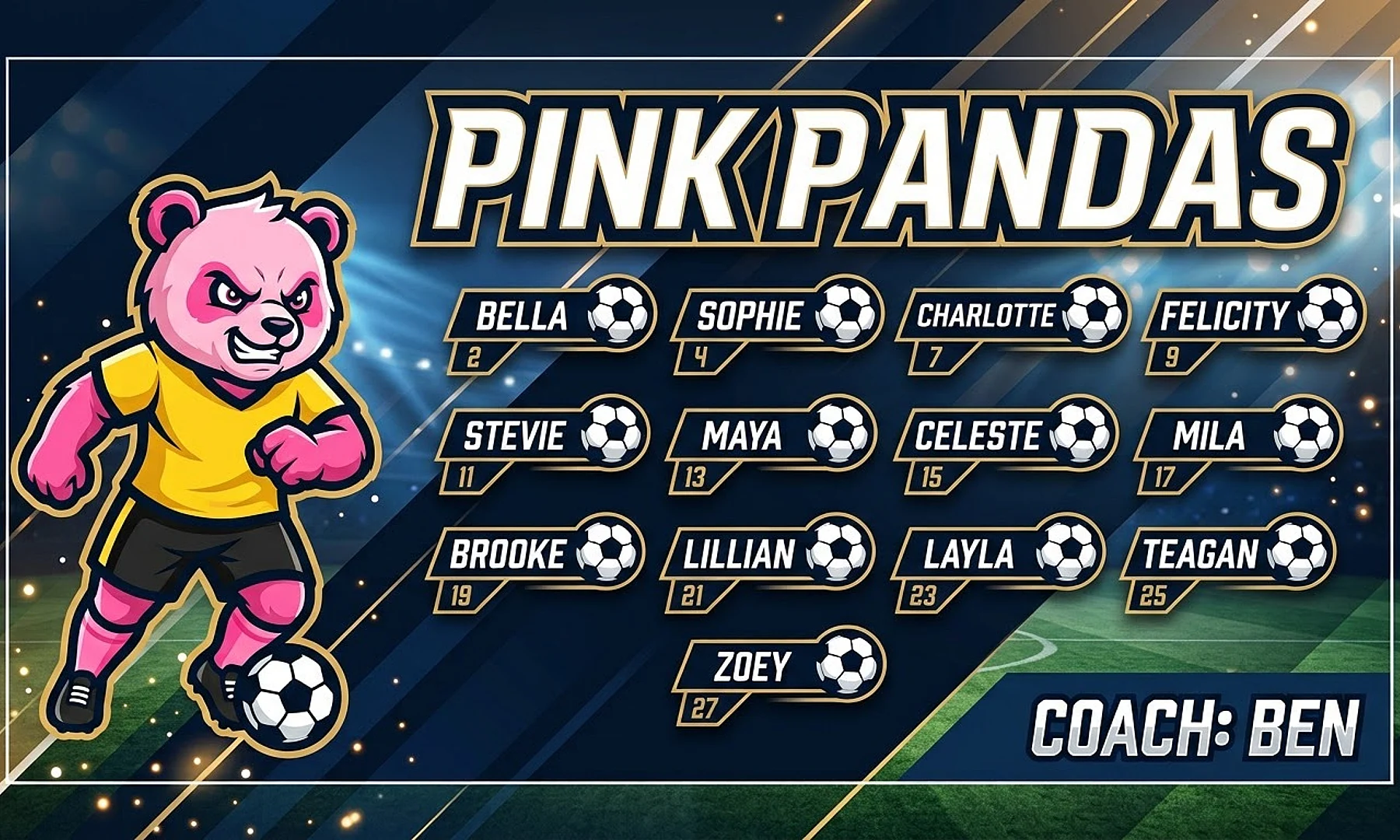 Pink Pandas soccer team banner created with AI