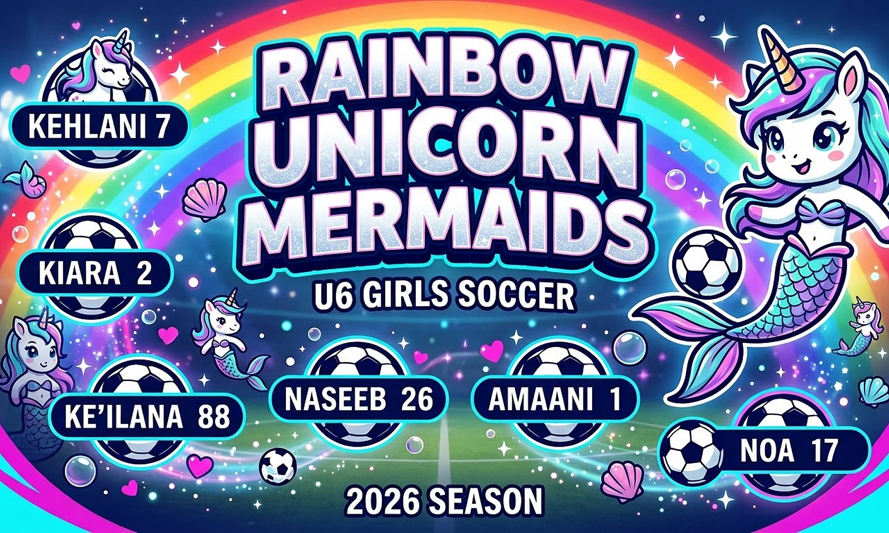Rainbow Unicorn Mermaids soccer team banner created with AI