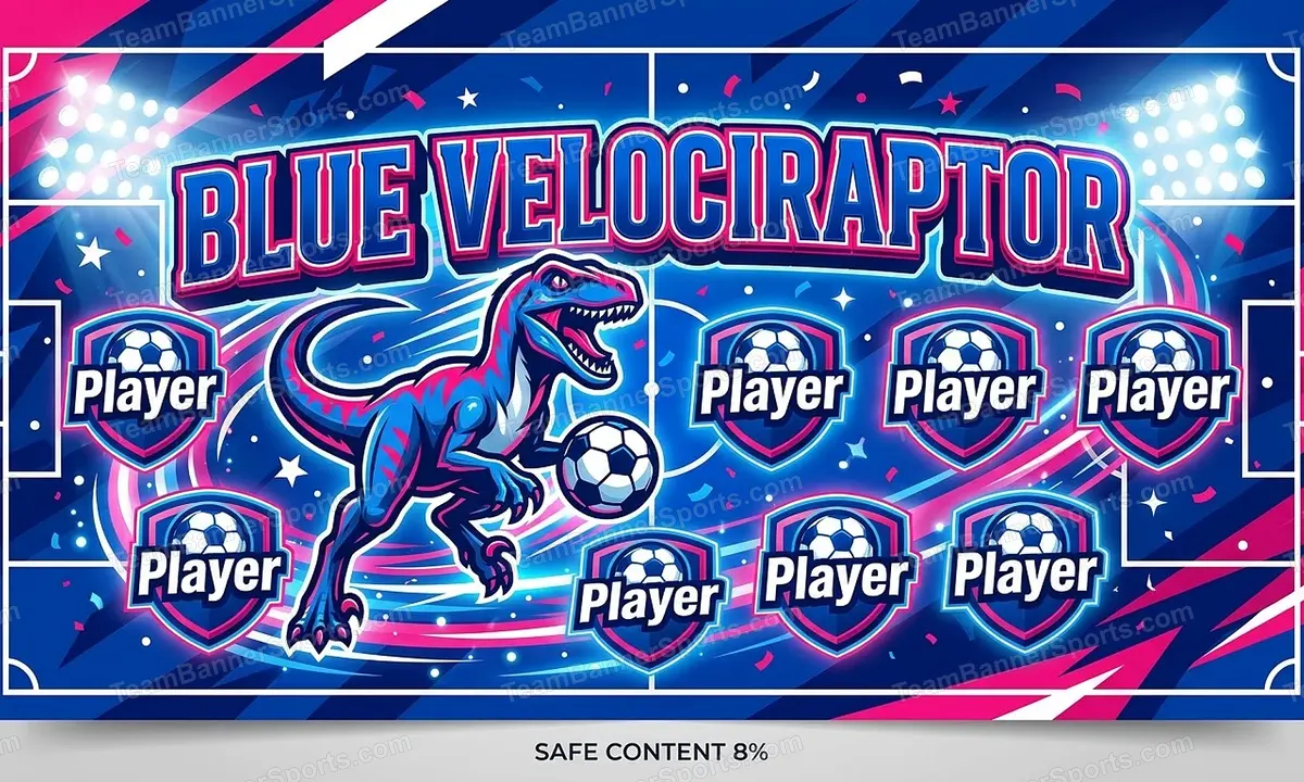 Blue Velociraptor soccer team banner created with AI