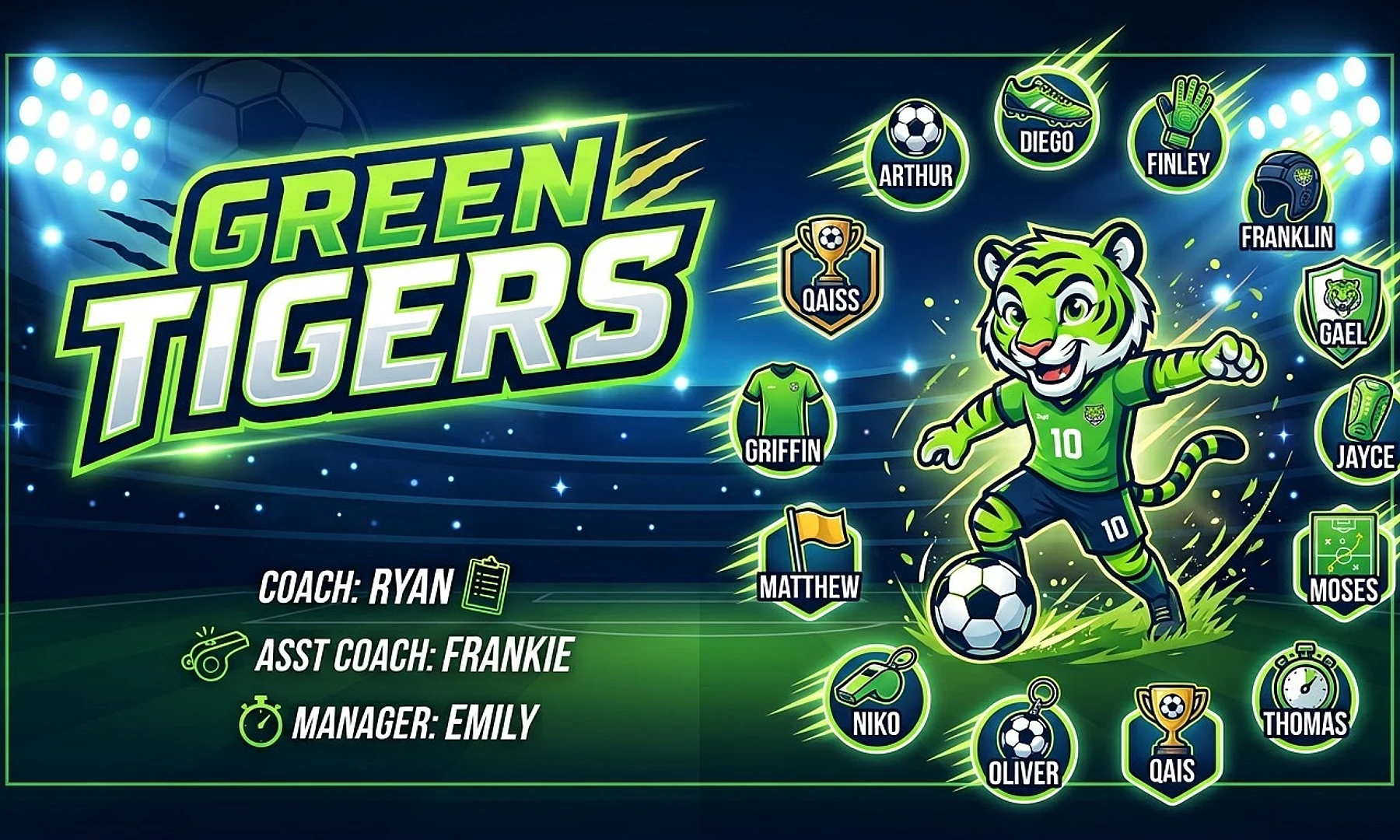 Green Tigers soccer team banner created with AI
