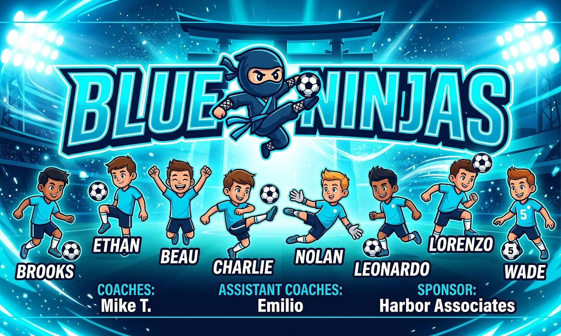 Blue Ninjas soccer team banner created with AI