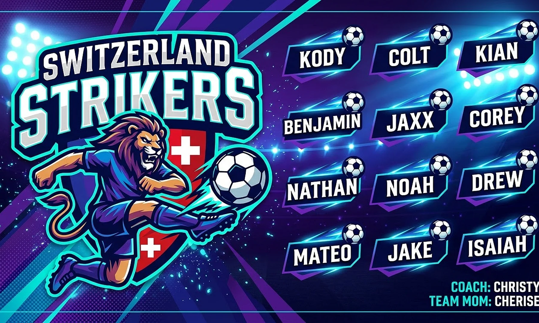 Switzerland Strikers soccer team banner created with AI