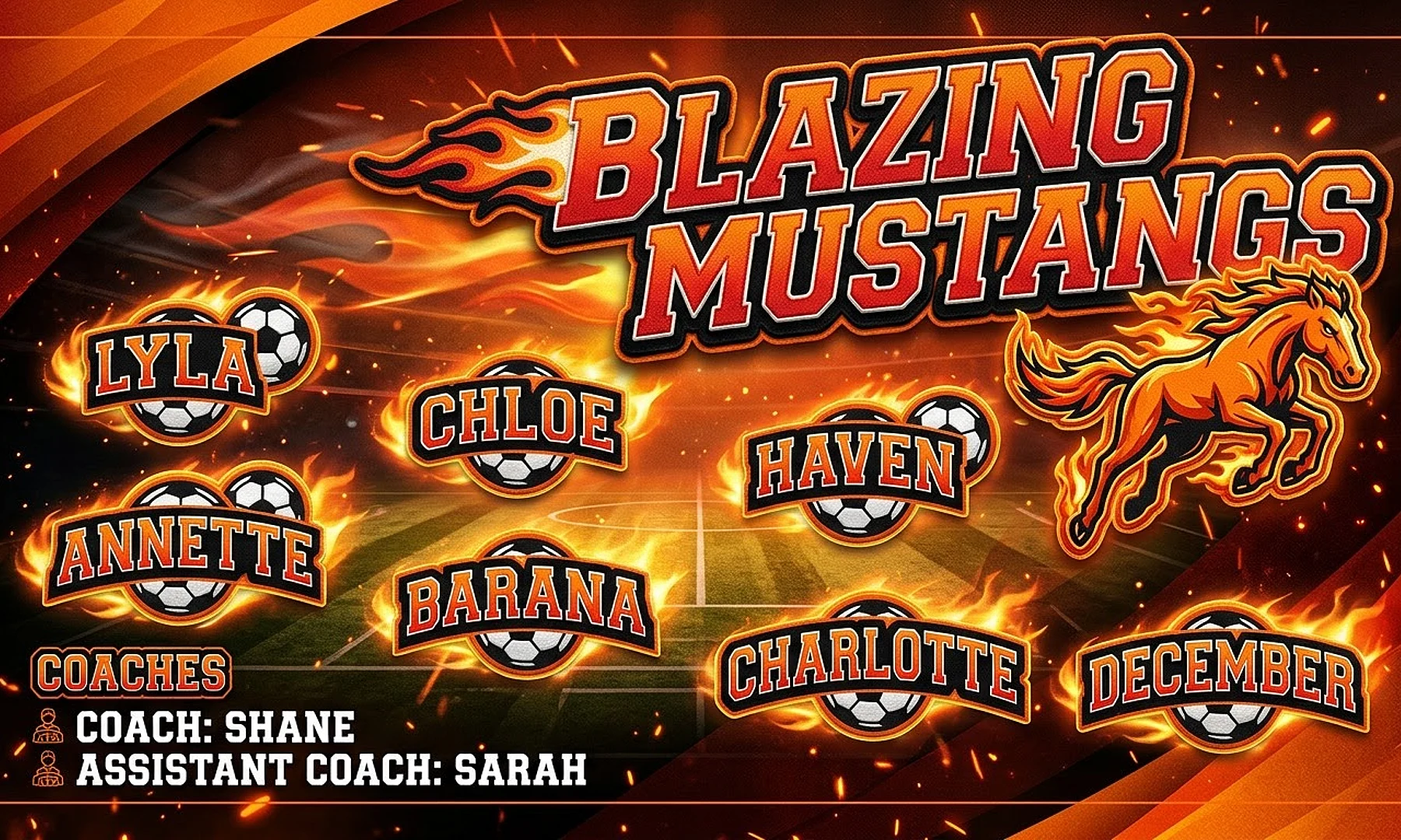 Blazing Mustangs soccer team banner created with AI
