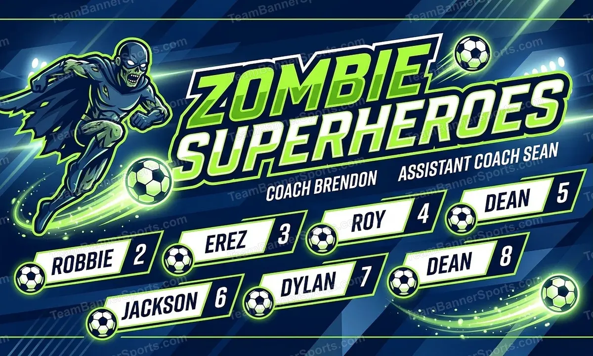 Zombie Superheroes soccer team banner created with AI