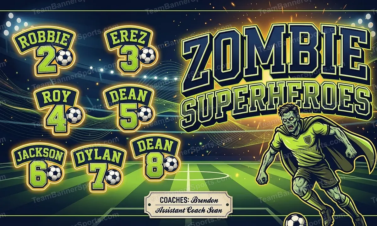Zombie Superheroes soccer team banner created with AI