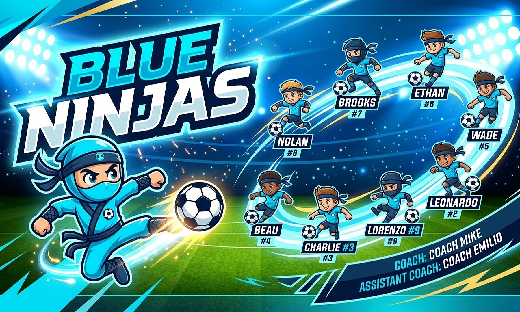 Blue Ninjas soccer team banner created with AI