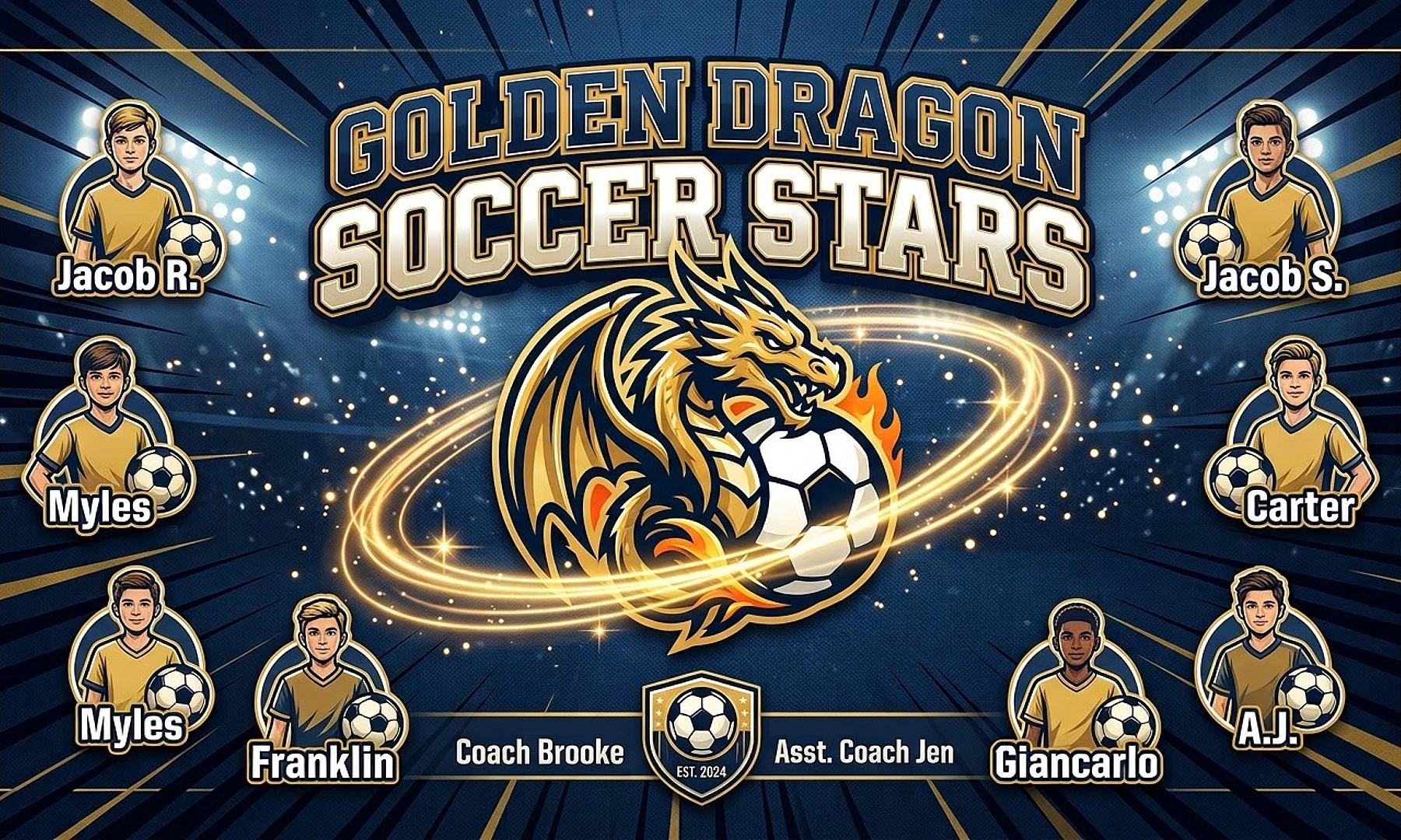 Golden Dragon Soccer Stars soccer team banner created with AI