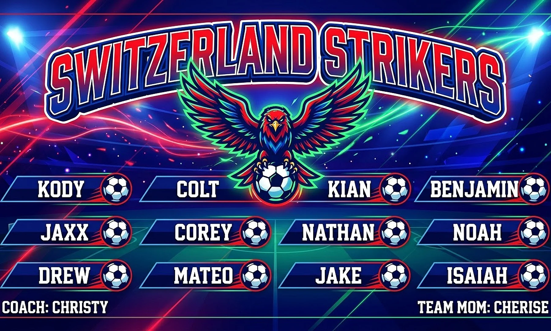 Switzerland Strikers soccer team banner created with AI