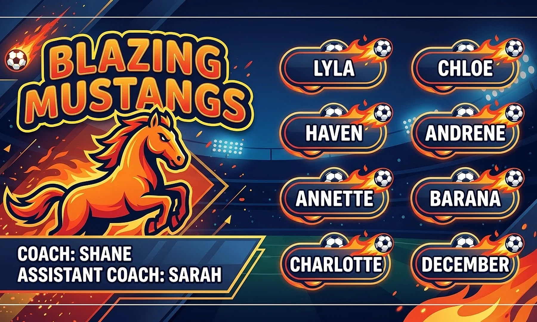 Blazing Mustangs soccer team banner created with AI