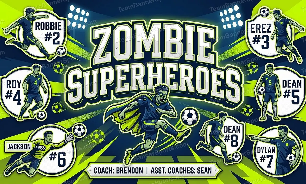 Zombie Superheroes soccer team banner created with AI