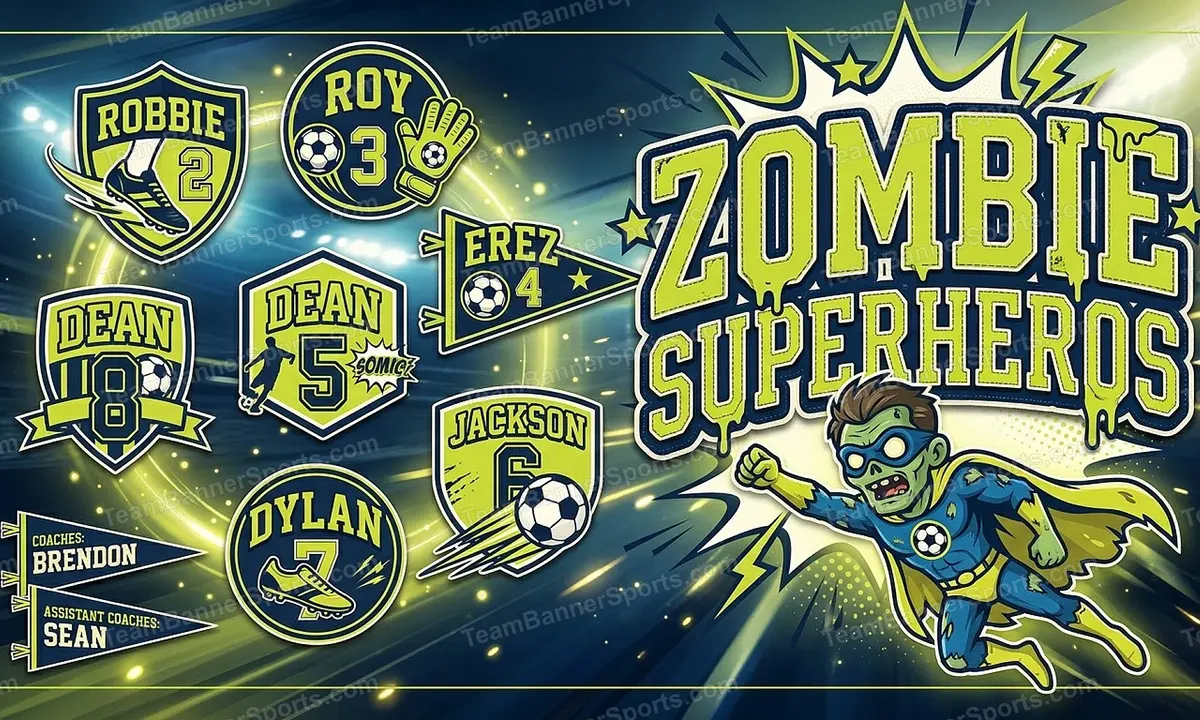 Zombie Superheros soccer team banner created with AI