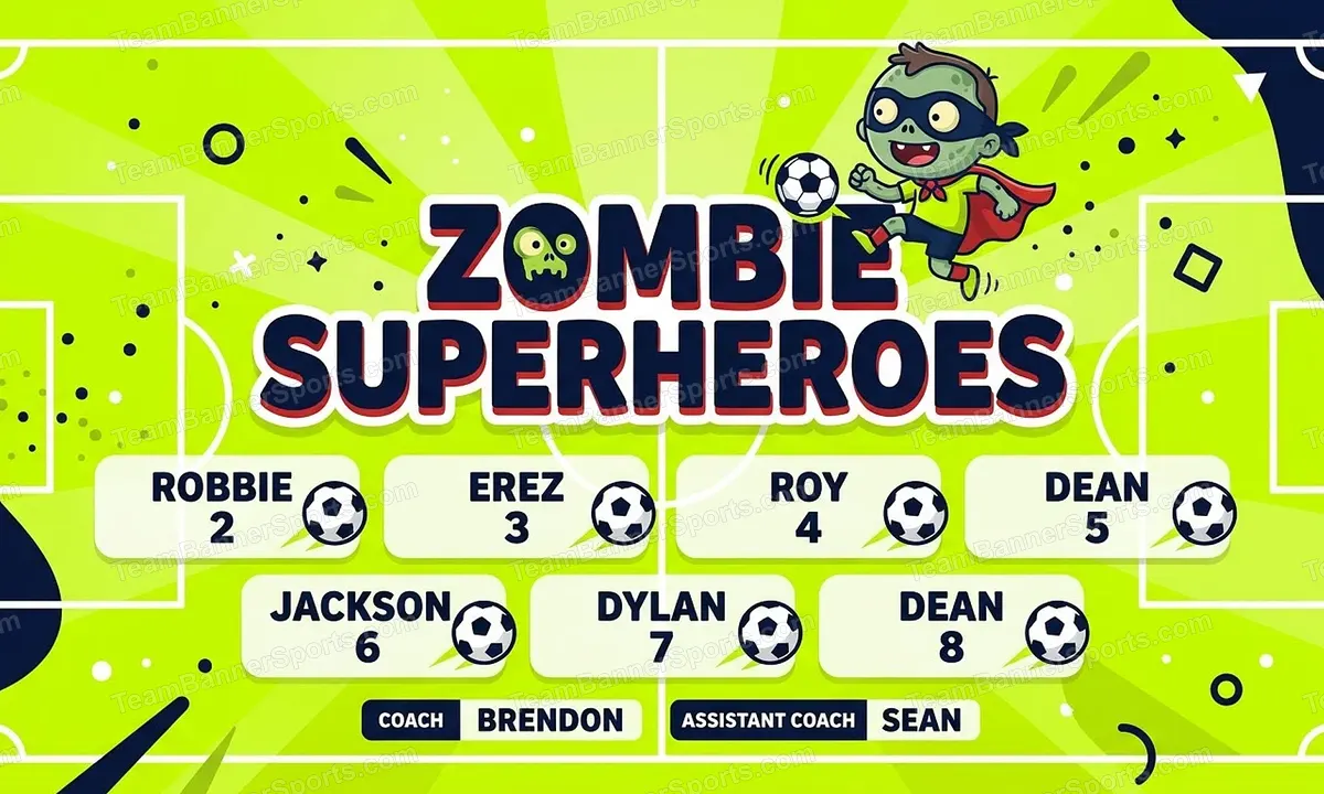 Zombie Superheroes soccer team banner created with AI