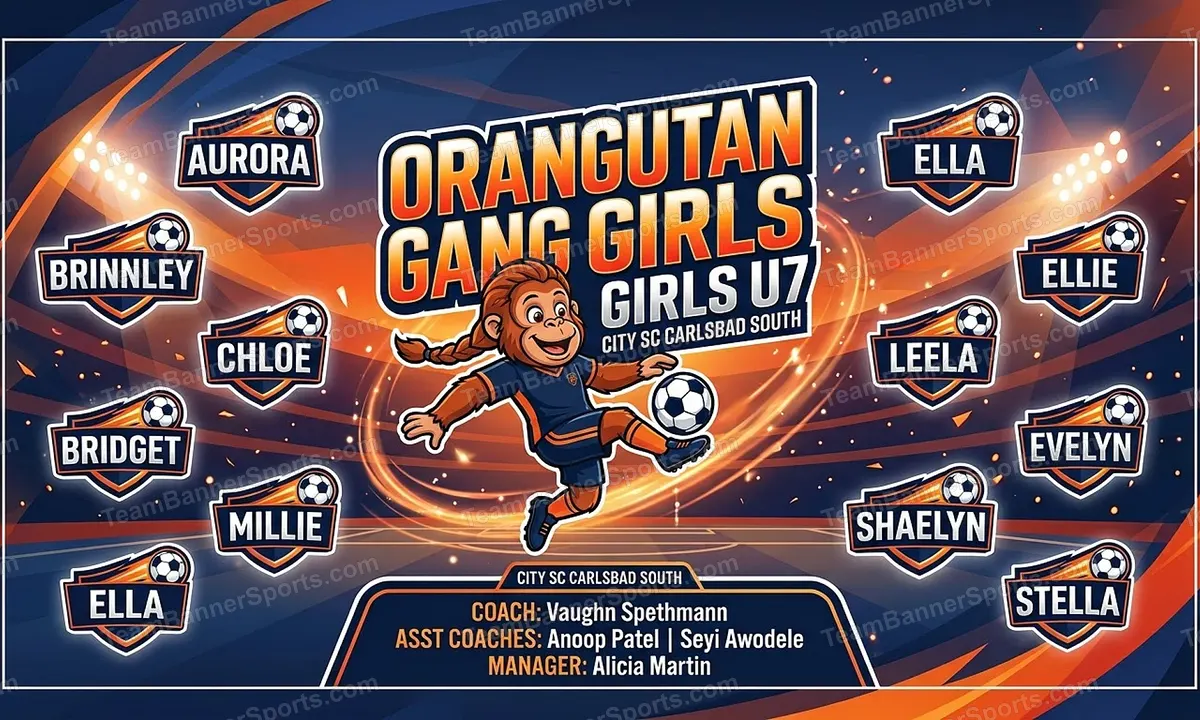 Orangutan Gang Girls U7 soccer team banner created with AI