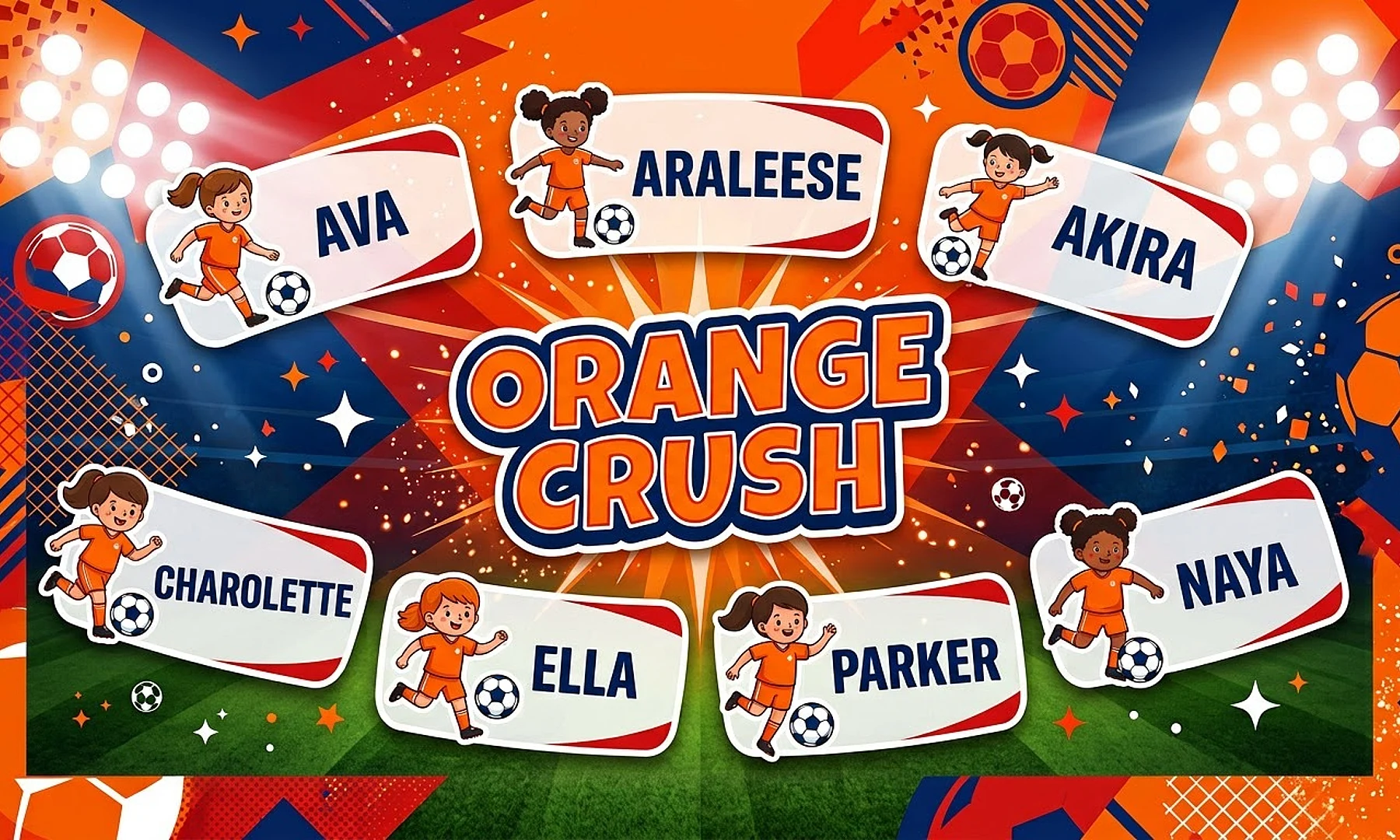 ORANGE CRUSH soccer team banner created with AI