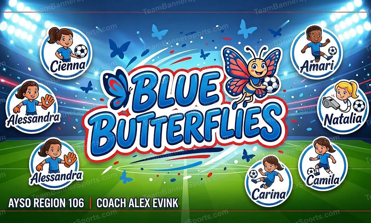 Blue Butterflies soccer team banner created with AI
