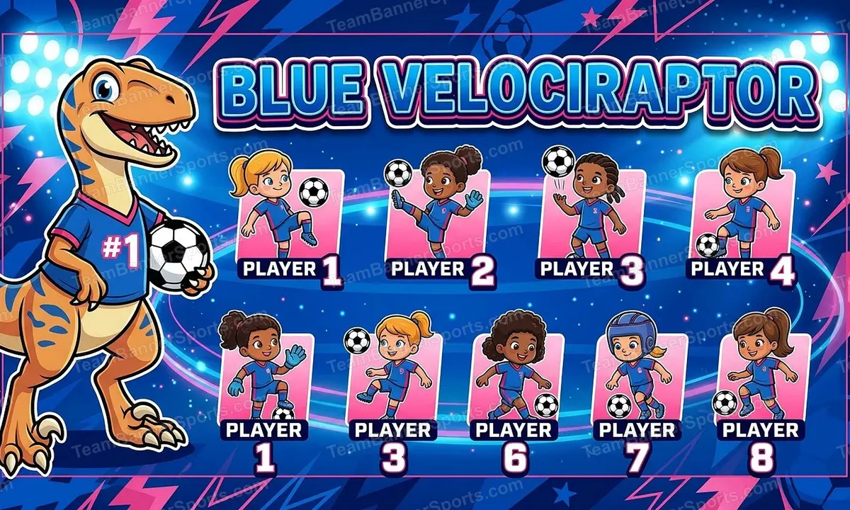 Blue Velociraptor soccer team banner created with AI