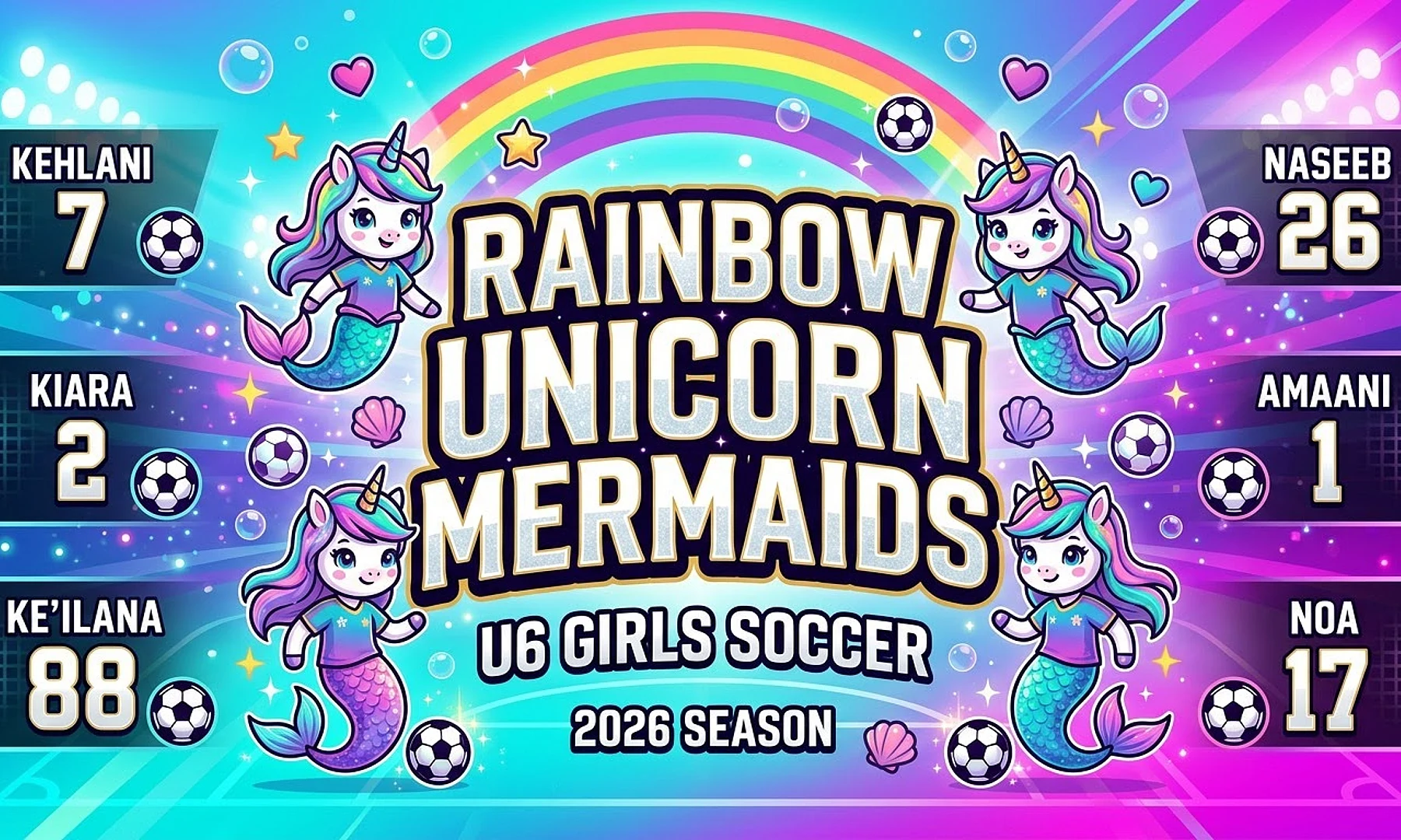 Rainbow Unicorn Mermaids soccer team banner created with AI