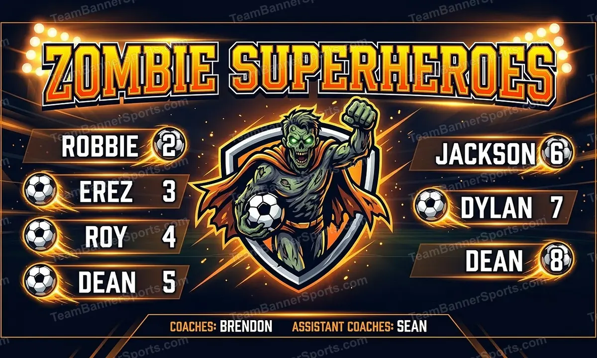 Zombie Superheroes soccer team banner created with AI