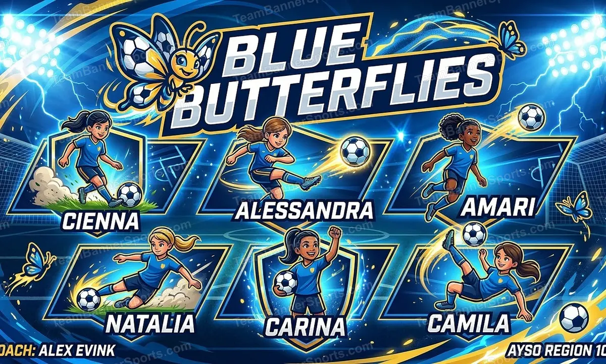 Blue Butterflies soccer team banner created with AI