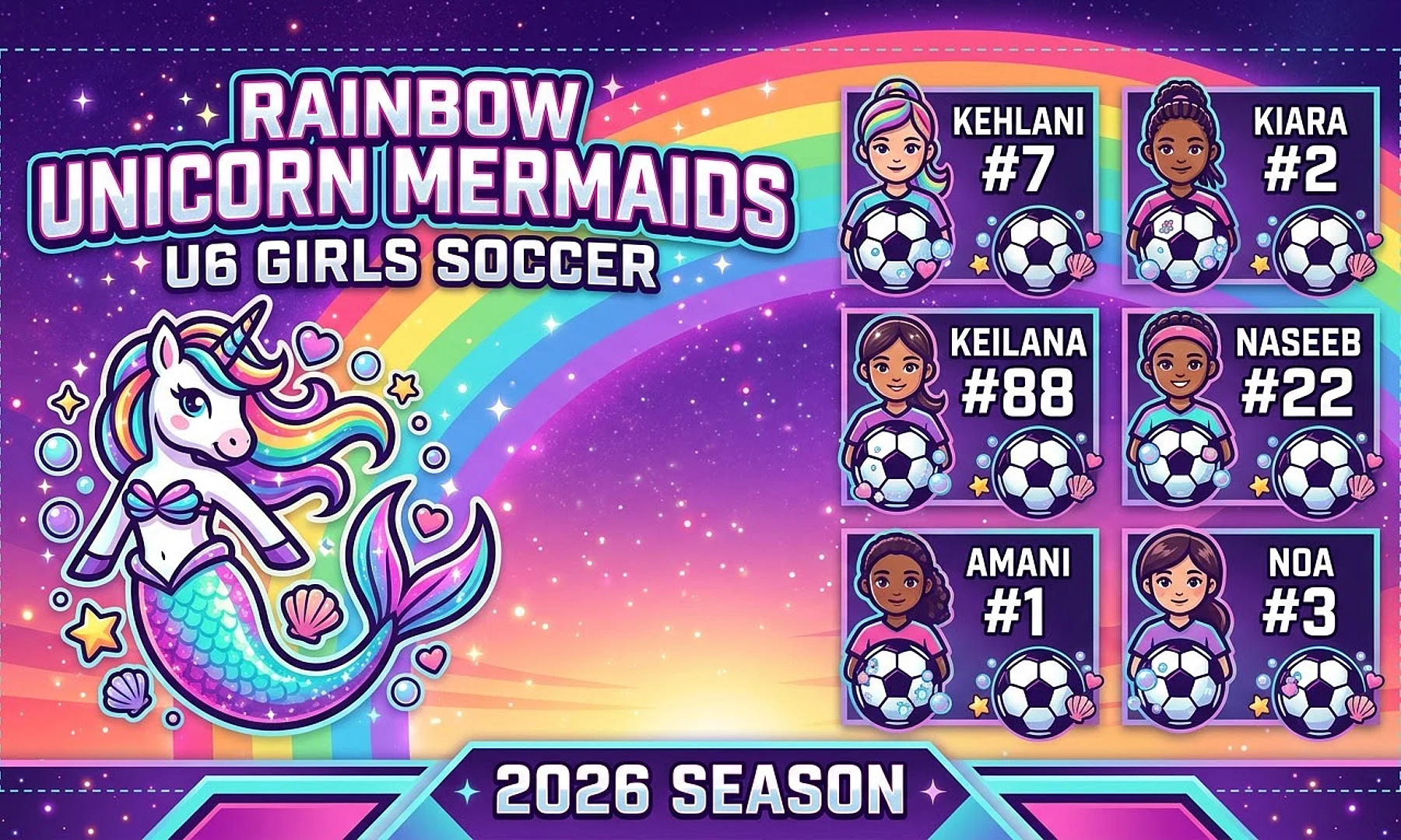 Rainbow Unicorn Mermaids soccer team banner created with AI