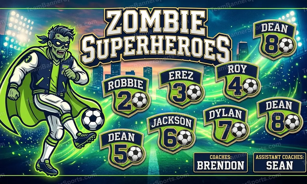 Zombie Superheroes soccer team banner created with AI