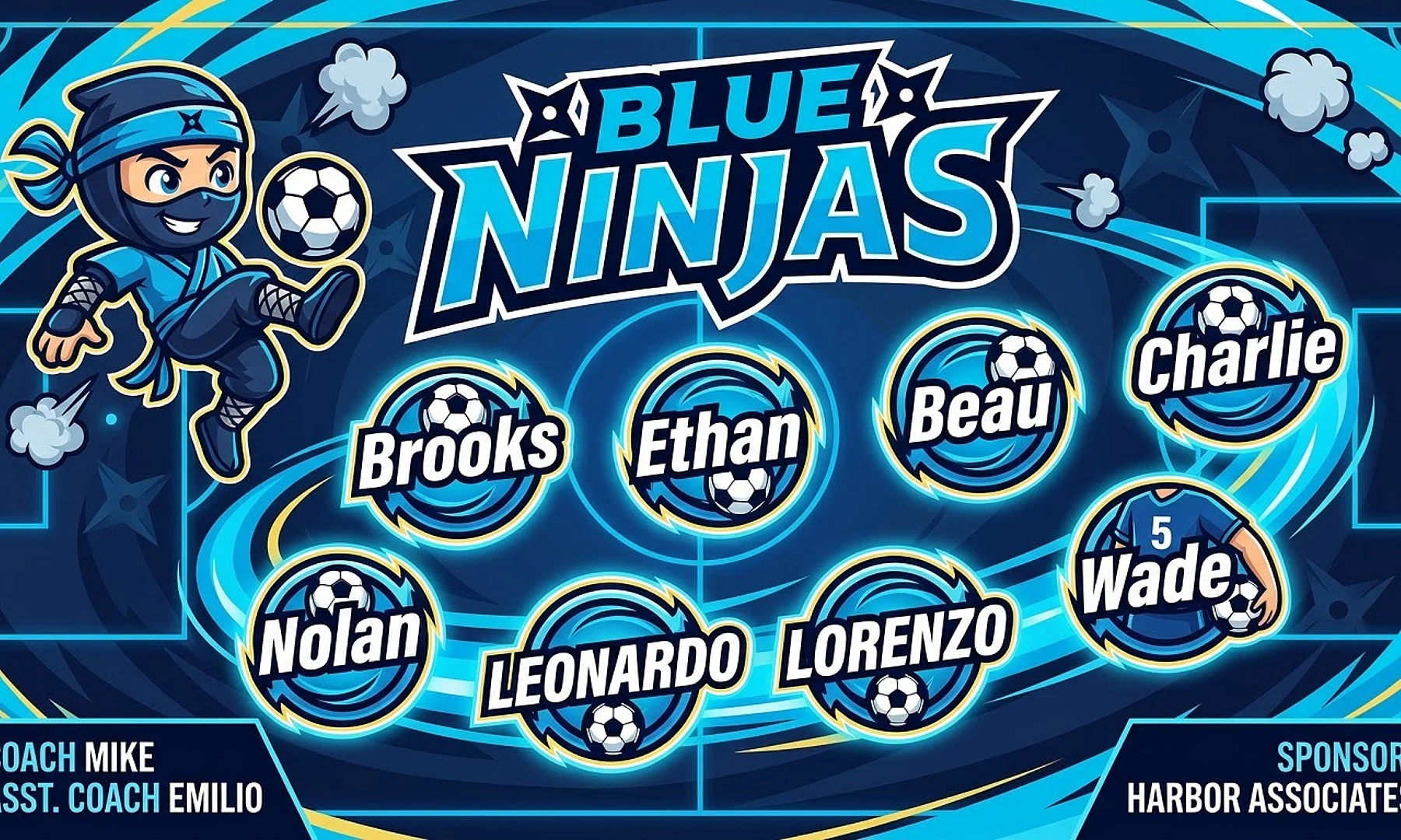 Blue Ninjas soccer team banner created with AI