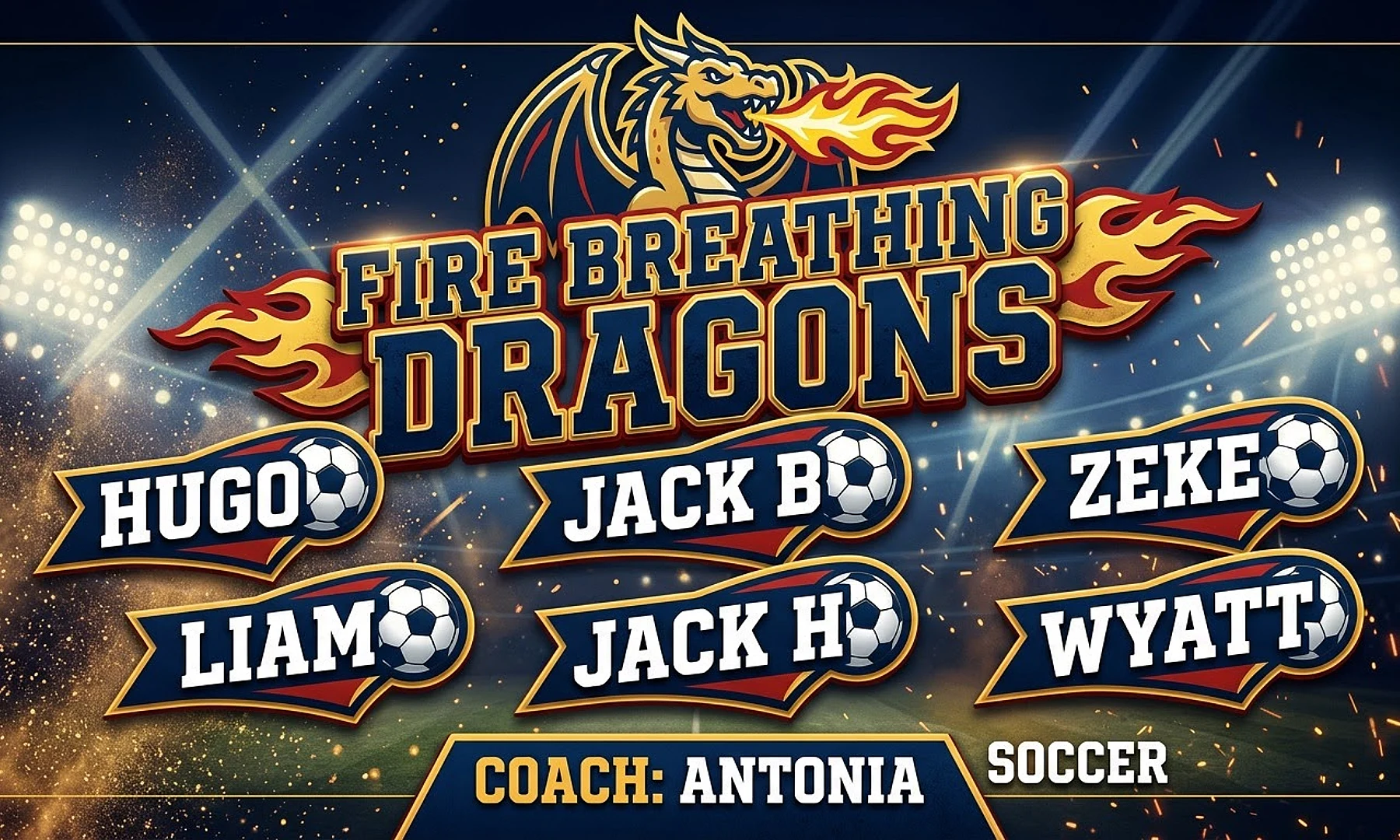 Fire breathing dragons soccer team banner created with AI
