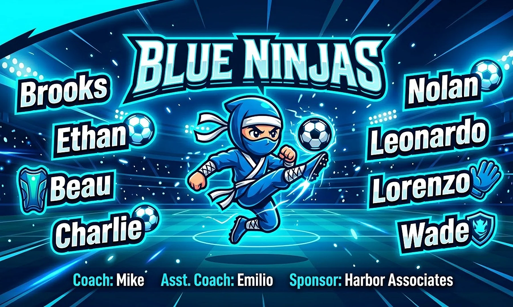 Blue Ninjas soccer team banner created with AI
