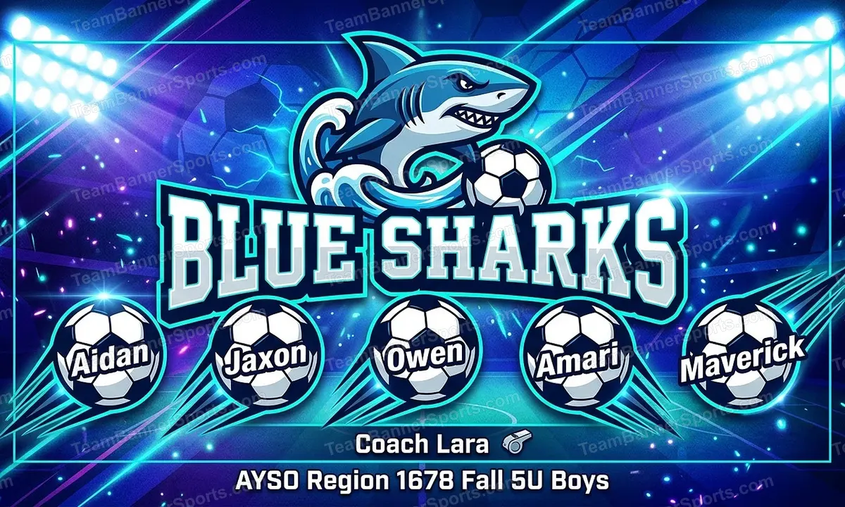 Blue Sharks soccer team banner created with AI