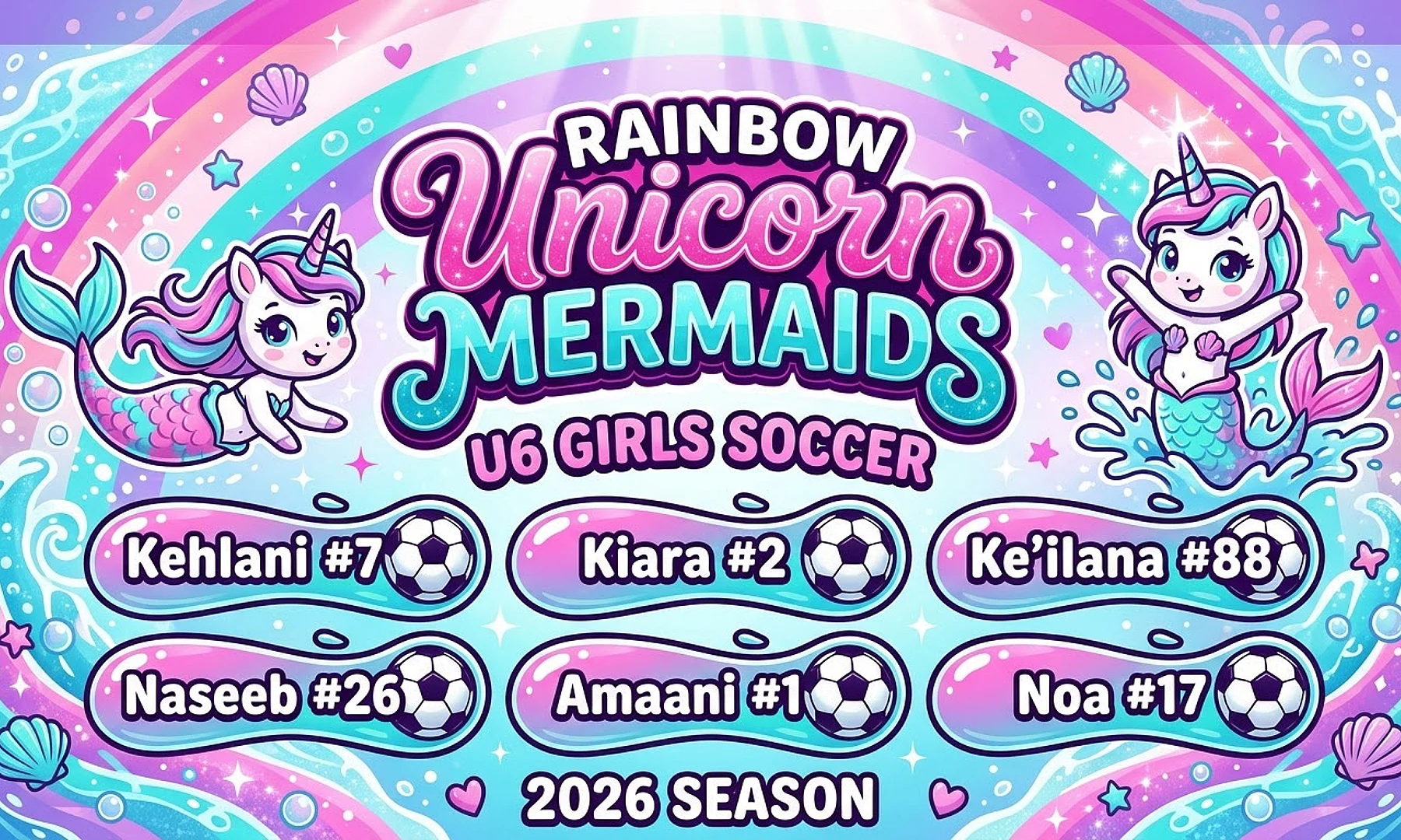 Rainbow Unicorn Mermaids soccer team banner created with AI