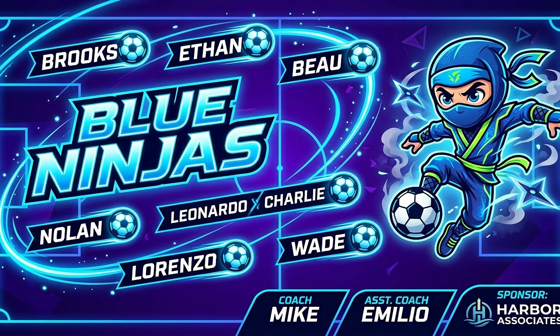 Blue Ninjas soccer team banner created with AI