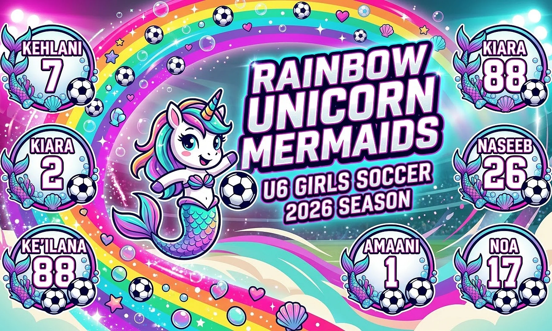 Rainbow Unicorn Mermaids soccer team banner created with AI