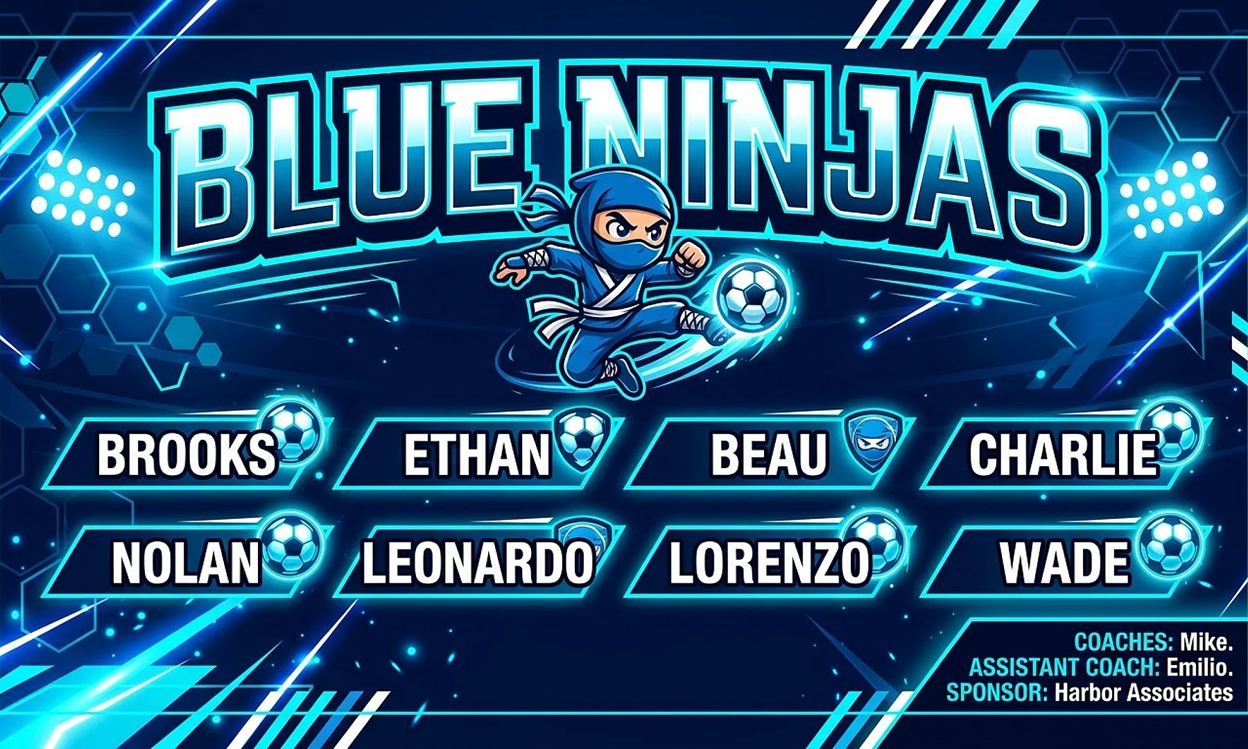 Blue Ninjas soccer team banner created with AI