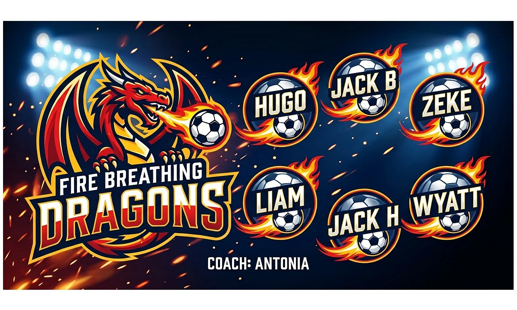 Fire breathing dragons soccer team banner created with AI