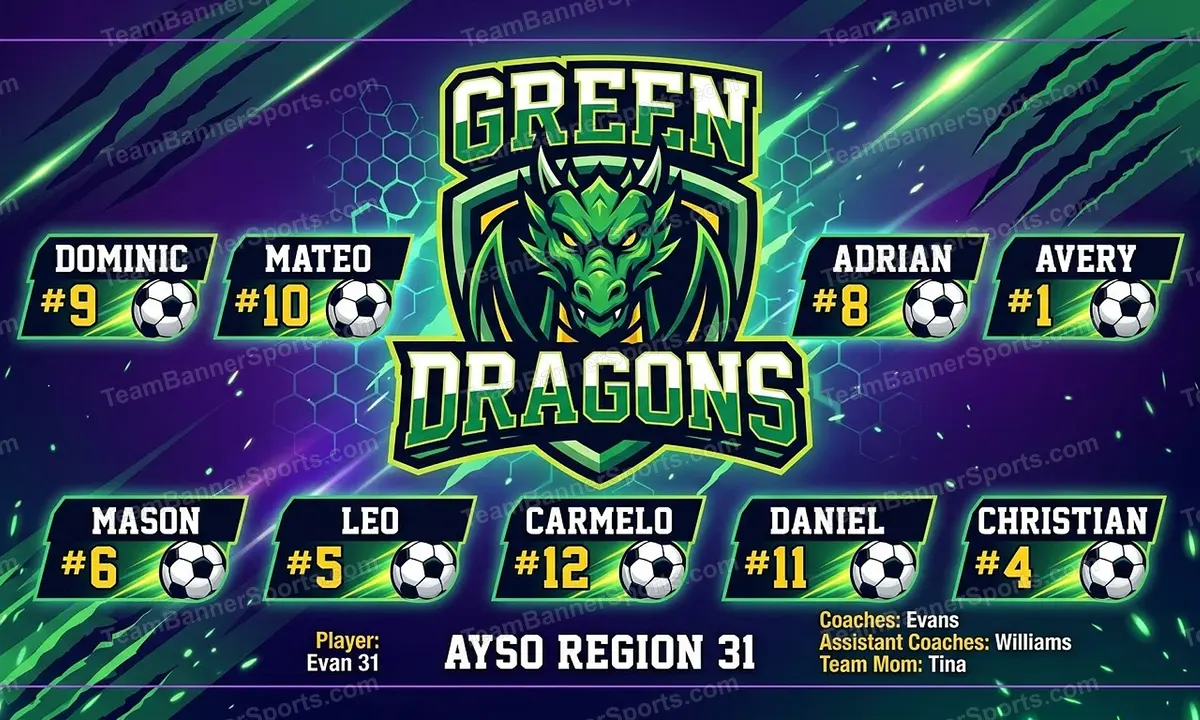 Green DRAGONS soccer team banner created with AI