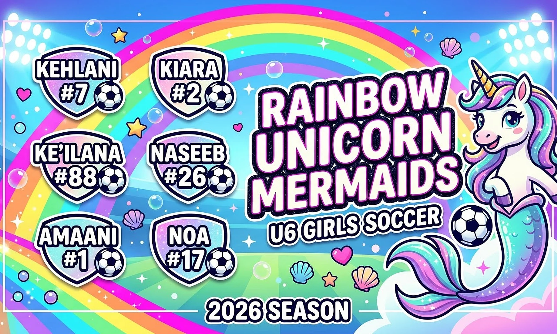 Rainbow Unicorn Mermaids soccer team banner created with AI
