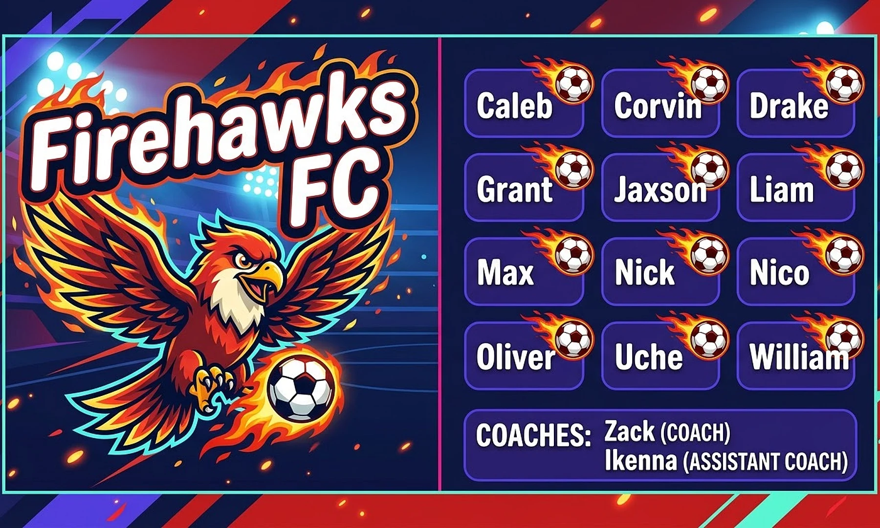 FIrehawks FC soccer team banner created with AI
