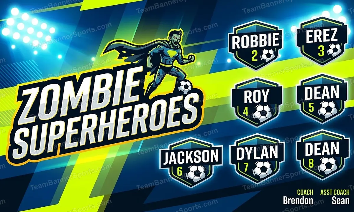 Zombie Superheroes soccer team banner created with AI