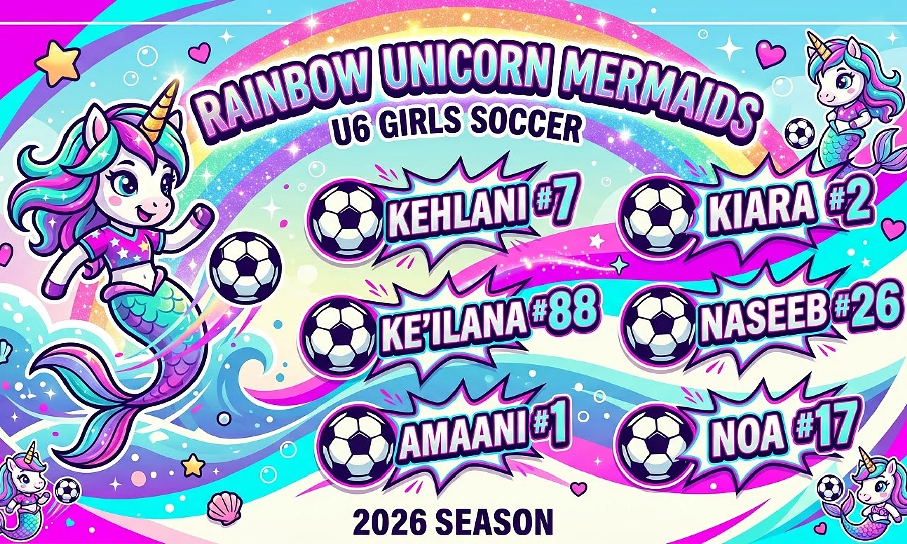 Rainbow Unicorn Mermaids soccer team banner created with AI