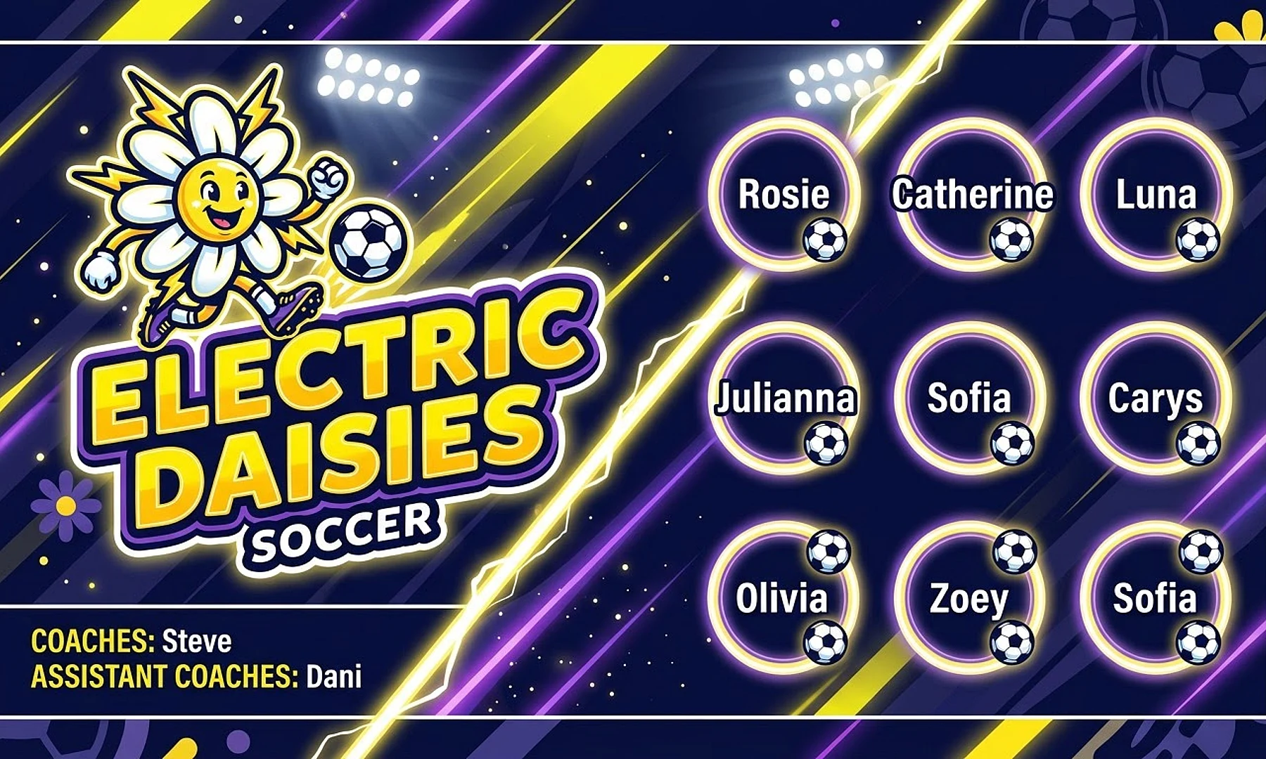 Electric Daisies soccer team banner created with AI
