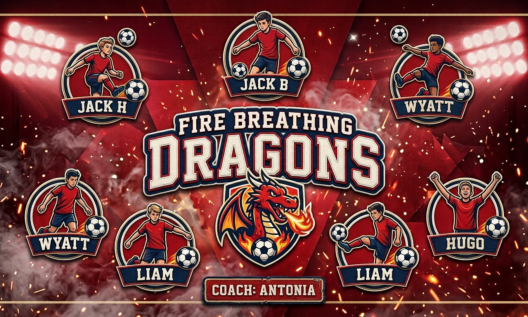 Fire Breathing Dragons soccer team banner created with AI