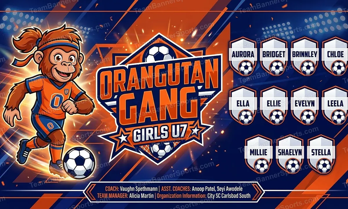 Orangutan Gang Girls U7 soccer team banner created with AI