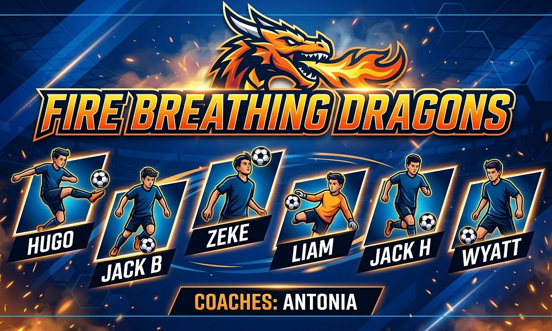 Fire breathing dragons soccer team banner created with AI